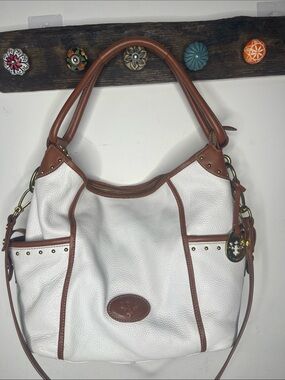 Prix De Dressage white leather with brown trim shoulder bag Equestrian